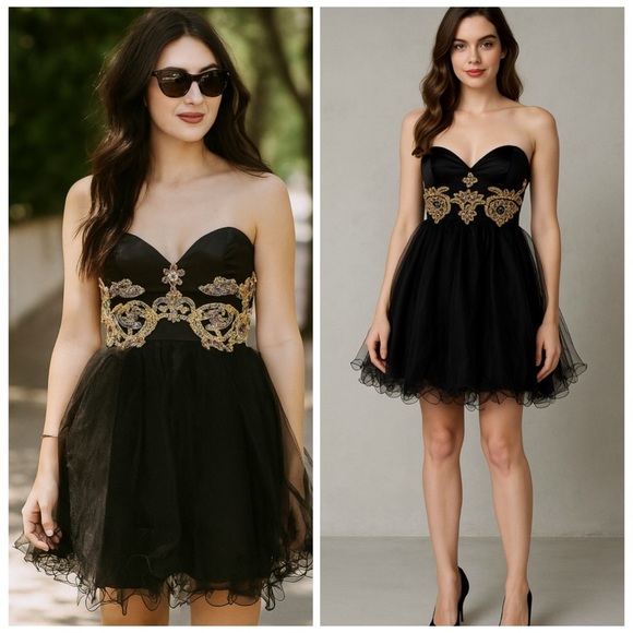 SHERRI HILL Black Gold Embroidered Tulle Strapless Mini Cocktail Dress Size 2 - Picture 1 of 10